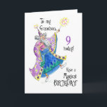 Magician 9th Birthday Card für Grandson Karte<br><div class="desc">Eine lustige 9. Geburtstagskarte für einen Grandson mit einem Zauberer,  der einen Zauber für einen 'Magischen Geburtstag' ausspricht,  aus einer handgemalten Illustration von Judy Adamson. Das Innere wird für Ihre eigene Botschaft leer verlassen.</div>