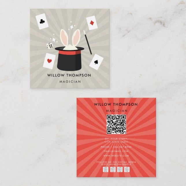 Magician Illusion Magie anzeigen QR Code Social Me Quadratische Visitenkarte (Vorne/Hinten)