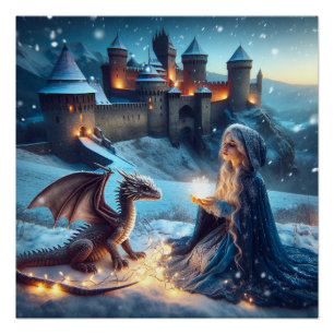Magicien Sorcière Dragon Imaginaire Art Poster