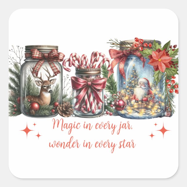 Magie in jedem Jar Weihnachten Hirsch Santa Candy Quadratischer Aufkleber (Vorderseite)