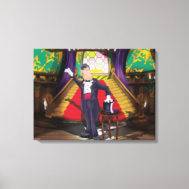 Magier darstellender Zaubertrick auf der Bühne Leinwanddruck (Vorderseite)