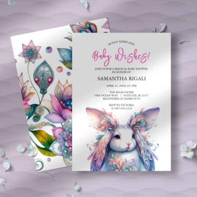 Magique Bunny Baby Shower Invitations (spring baby shower invitations features pastel watercolor bunny and ornate floral design.)