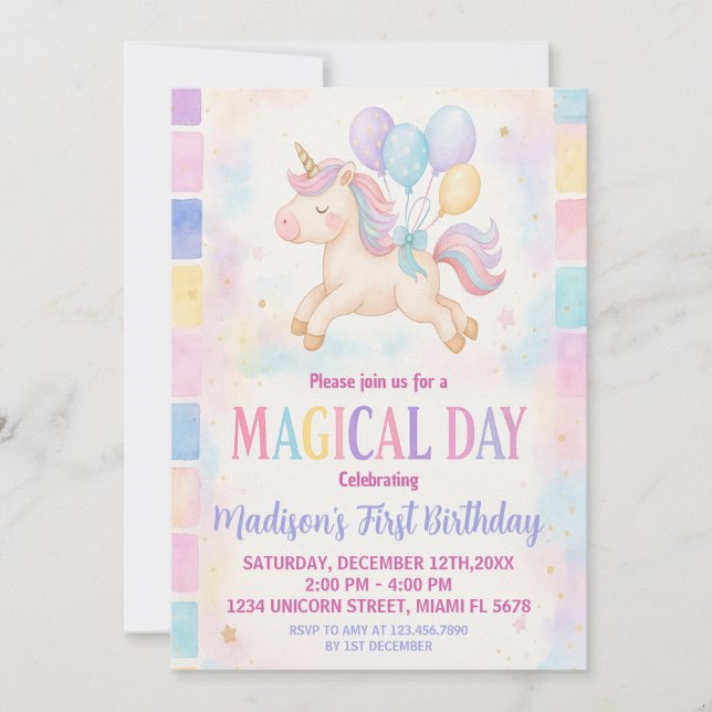 Magique Pastel Unicorn Invitation Anniversaire (Devant)