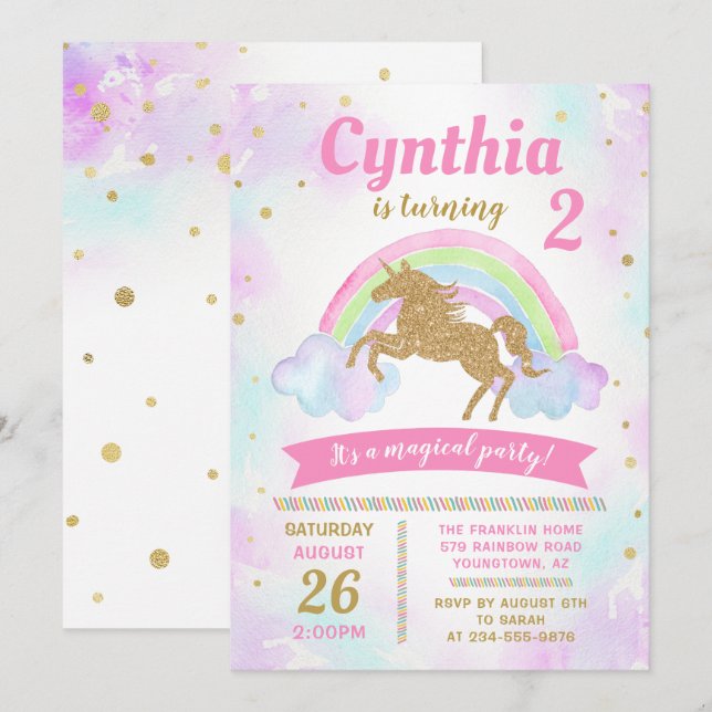 Magique Rainbow Gold Unicorn Invitation Anniversai (Devant / Derrière)