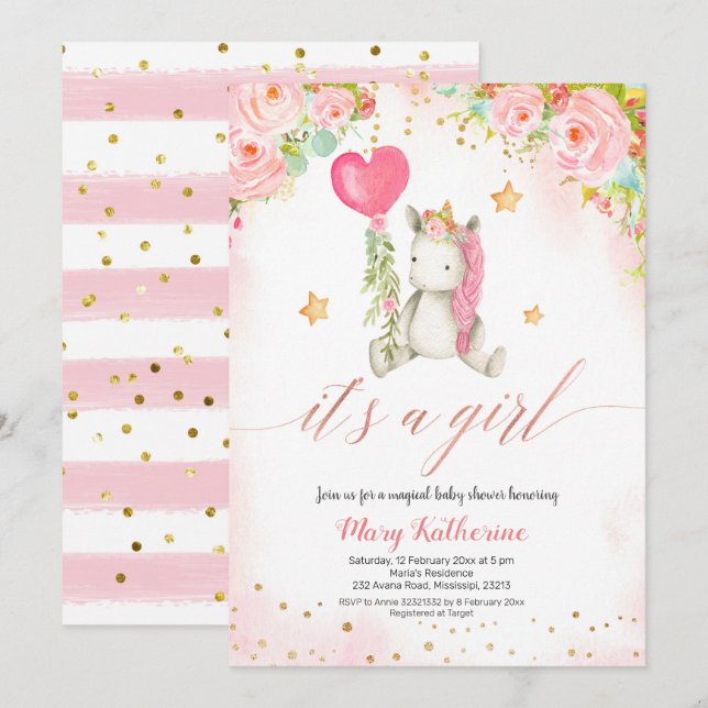 Magisch rosa Einhorn Babydusche Einladung (Vorne/Hinten)