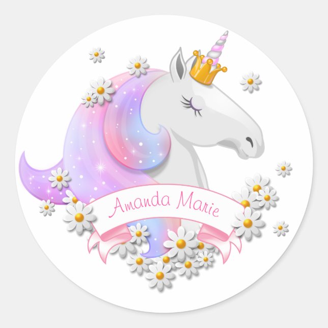 Magisch rosa Einhorn Personalisierter Name Runder Aufkleber (Vorderseite)