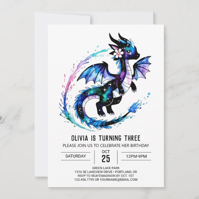 Magische Adorable Dragon Digital Girl zum Geburtst Einladung (Vorderseite)