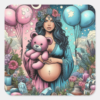 Magische Babydusche | Gender Reveal Balloon Quadratischer Aufkleber