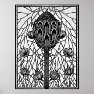 Magische Blume Zweige Pflanze Tinte Zeichnend Post Poster