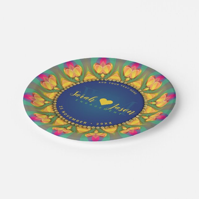 Magische Bohemische Sonnenblume Mongram Mandala Pappteller (Schrägansicht)
