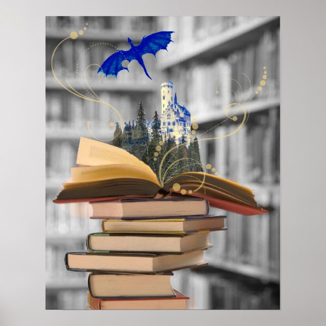 Magische Bücher mit Drachen und Burgposter Poster (Vorne)