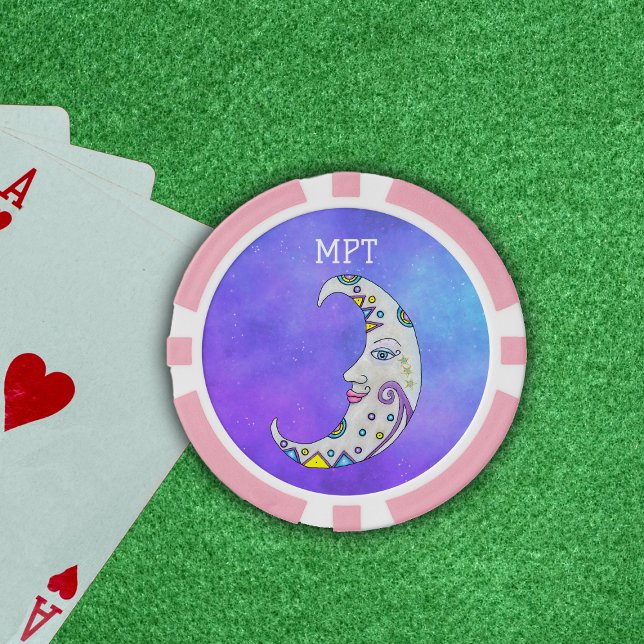 Magische Crescent Moon Abstrakte Dekorationen Gesi Pokerchips (White Crescent moon with face abstract shapes in purple, yellow, blue on purple sky poker chips.)