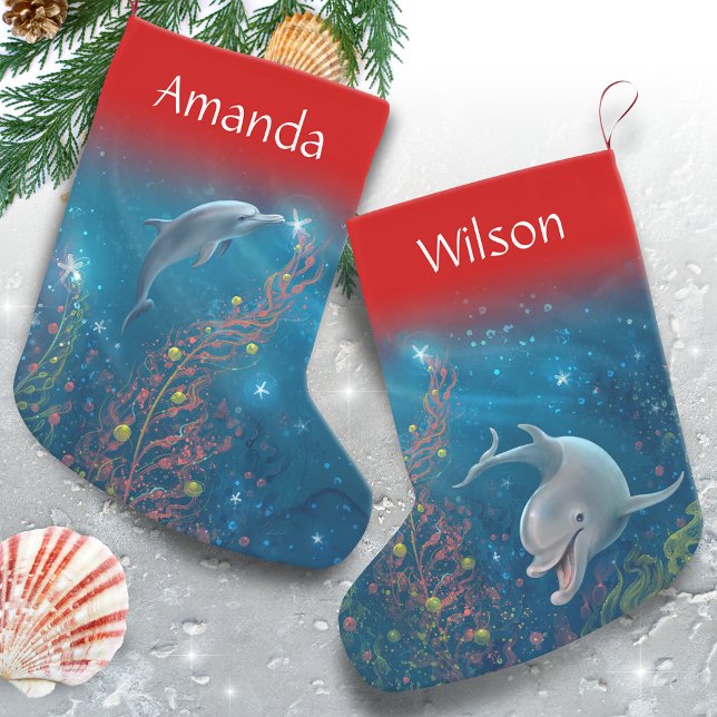 Magische Dolphin Einzigartiger Strand Thema Name Kleiner Weihnachtsstrumpf (Add a custom name and easily change the top accent color on these unique dolphin Christmas stockings)