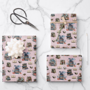 Magische Drachen & Bücher auf Hellgrau-Rosa Geschenkpapier Set