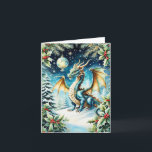 Magische Drachenweihe mit Holly Karte<br><div class="desc">Dieses künstlerische Kunstwerk mit einer Weihnachtskarte und einem zauberhaften Drachen, der anmutig auf einem schneebedeckten Hügel steht, umgeben von wilden und zarten Schneeflocken, die im Winterlicht glitzern. Die Skalen des Drachen schimmern in eisiger Blues und festlichen Grüntönen und harmonieren perfekt mit der Urlaubsszene, während die Augen ein warmes, weises Licht...</div>