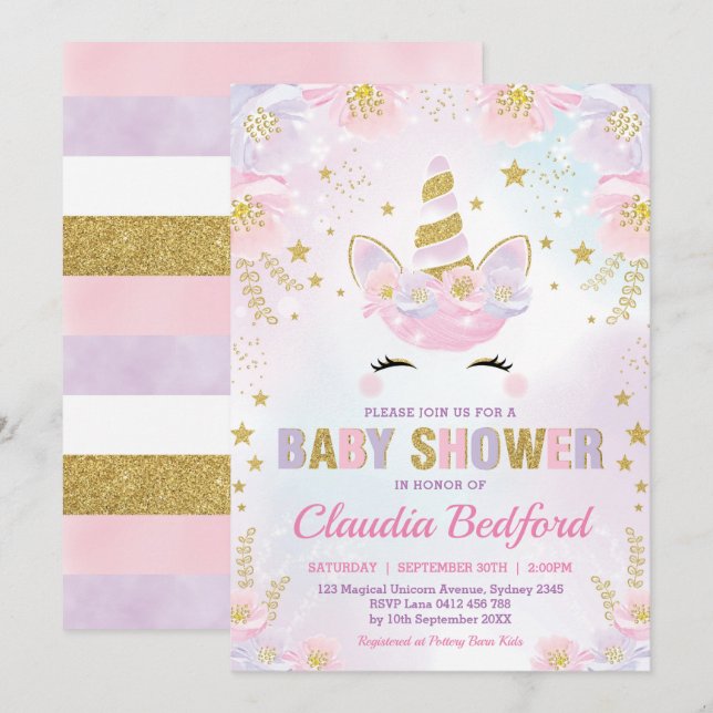 Magische Einhorn-Babyparty/Pastellrosa mit Blumen Einladung (Vorne/Hinten)