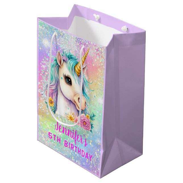 Magische Einhorn-Glitzern-Regenbogen Mittlere Geschenktüte (Vorderseite Schrägansicht)