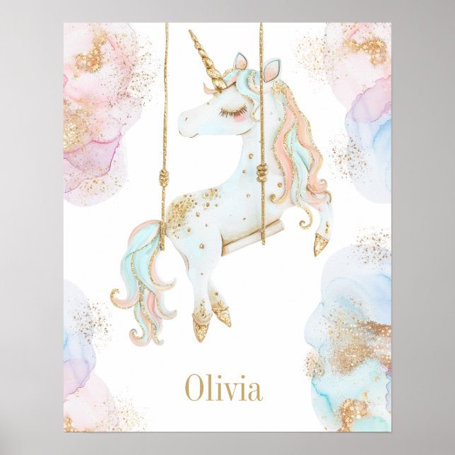 Magische Einhorn Rosa & Gold Girls Name Poster (Vorne)