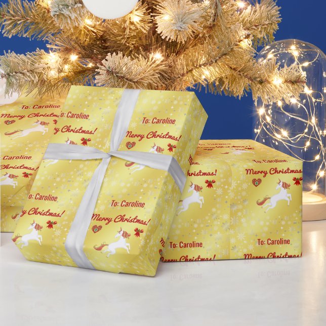 Magische Einhorn Schneeflocken Name Merry Xmas Gol Geschenkpapier (Feiertage)