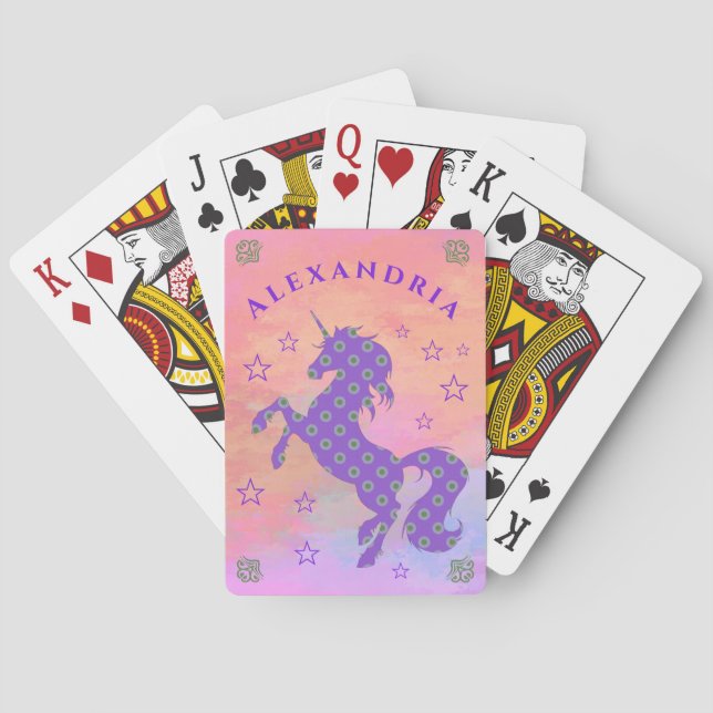Magische Einhorn Sterne Lila Muster personalisiere Spielkarten (Rückseite)