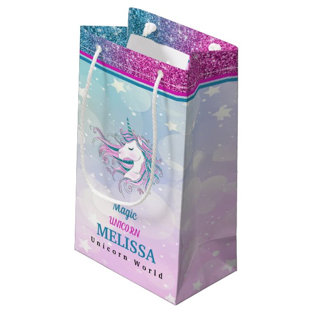 Magische Einhorngeschenktaschen. Kleine Geschenktüte (Rückseite Schrägansicht)