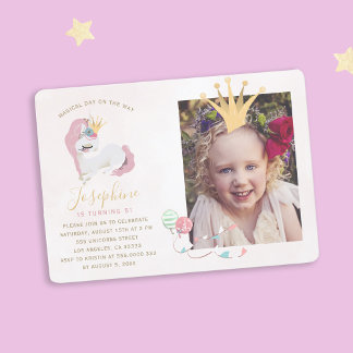 Magische Einhornmädchen in Rosa und Gold Foto Gebu Einladung