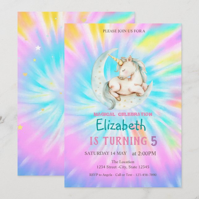 Magische Einhornmond-Regenbogen-Gefärbte Krawatte  Einladung (Vorne/Hinten)