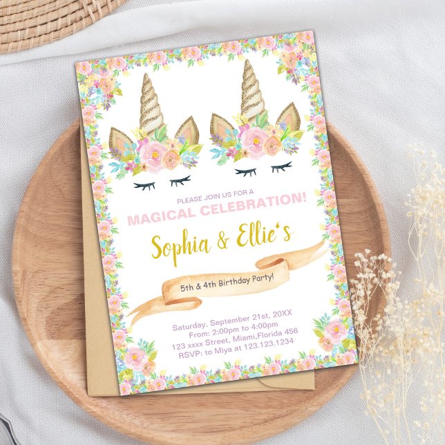 Magische Einladung für zwei Mädchen (Twin Floral Unicorn Birthday Invitations)