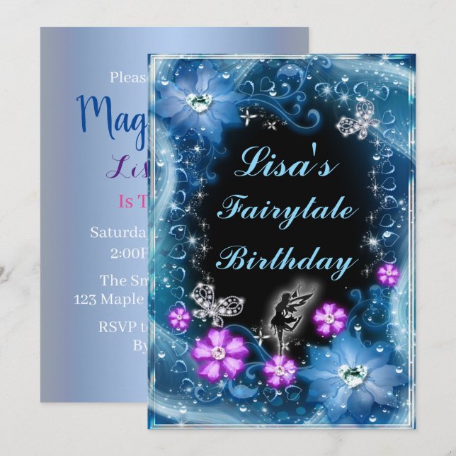Magische Fairy und Schmetterlinge Blauer Blumengeb Einladung (Vorne/Hinten)