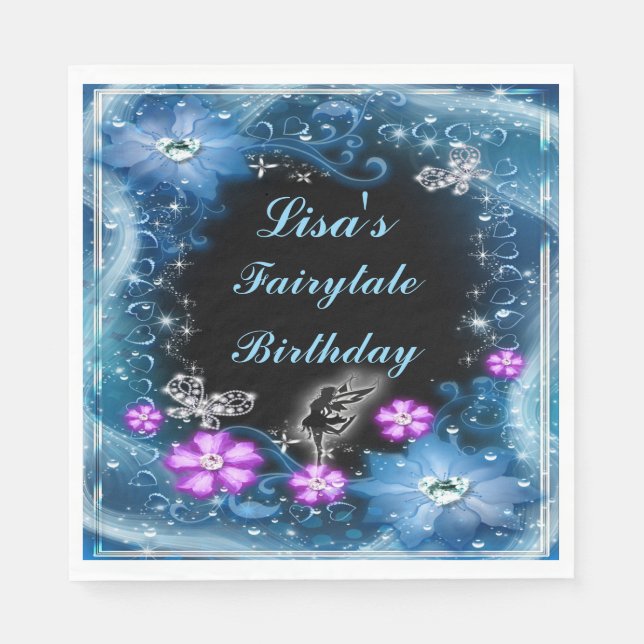 Magische Fairy und Schmetterlinge Blauer Blumengeb Serviette (Vorderseite)