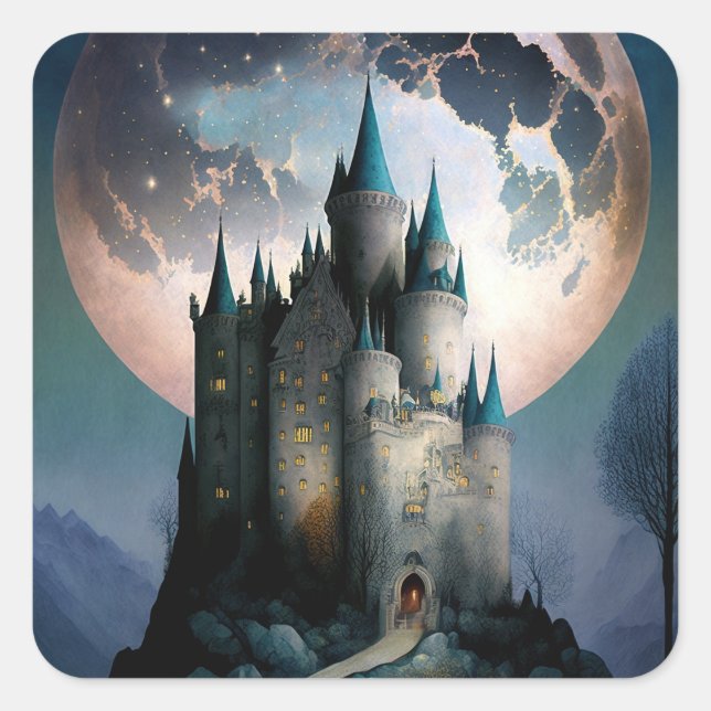 Magische Fantasy Burg Vollmond Quadratischer Aufkleber (Vorderseite)
