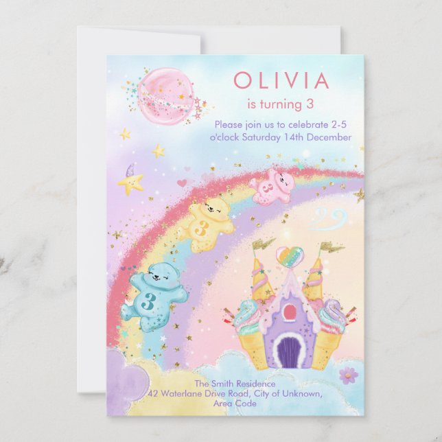 Magische Fantasy Rainbow Bears Kindergeburtstag Einladung (Vorderseite)