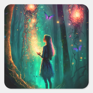 Magische Fee verzauberter Forest Fantasy Pixie Sta Quadratischer Aufkleber