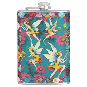 Magische Feen und florale Sechseck-Patchworkarbeit Flachmann