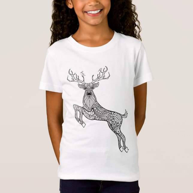 Magische gehörnte Rotwild mit Vogel-Gekritzel T-Shirt (Vorderseite)