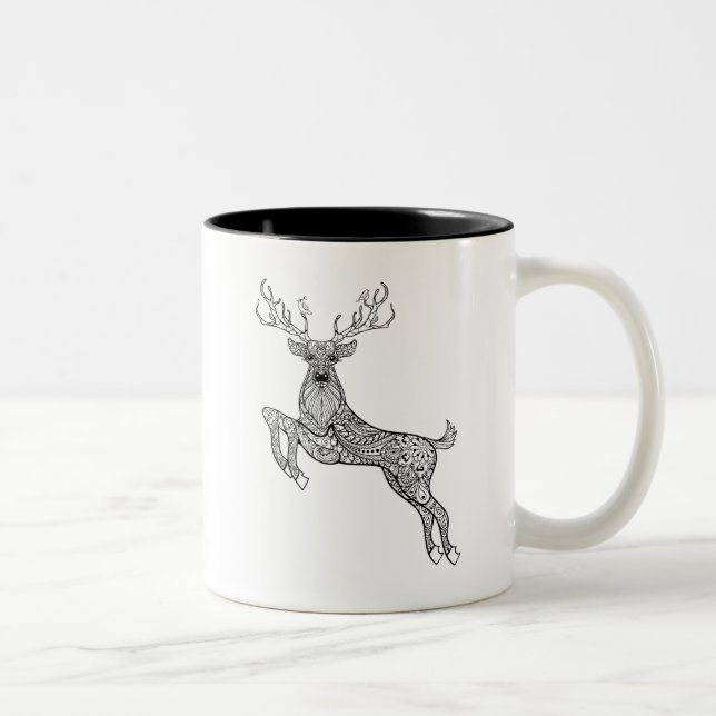 Magische gehörnte Rotwild mit Vogel-Gekritzel Zweifarbige Tasse (Rechts)