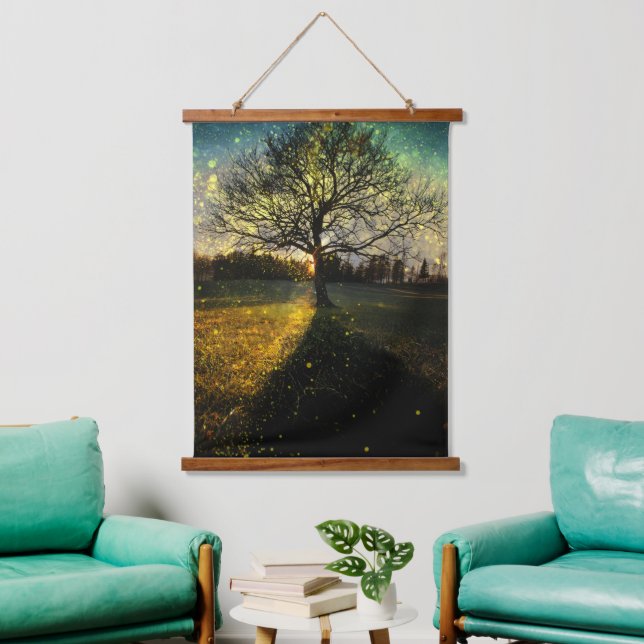 Magische Glühwürmchen, traumhafte Landschaft Wandteppich Mit Holzrahmen (Wohnzimmer)