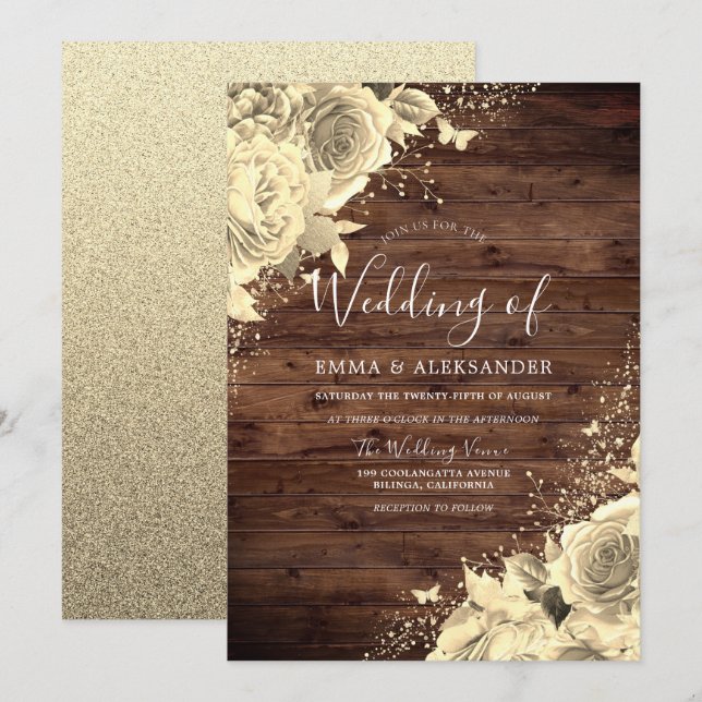 Magische Gold-Blume mit Glitzer Rustikale Hochzeit Einladung (Vorne/Hinten)