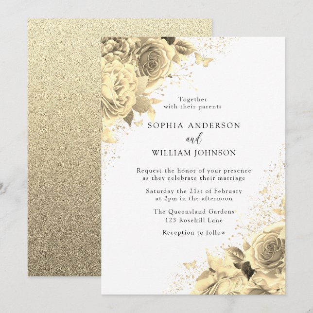 Magische Goldene Blume mit Glitzer Elegante Hochze Einladung (Vorne/Hinten)