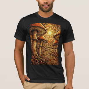 Magische goldene Pilze Surrealer Waldweg Grafik T-Shirt