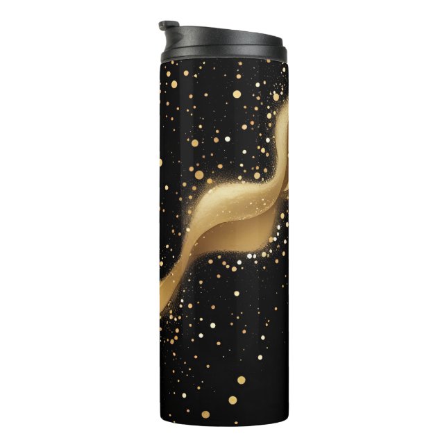Magische Goldstaubwelle auf schwarz Thermosbecher (Nach rechts gedreht)