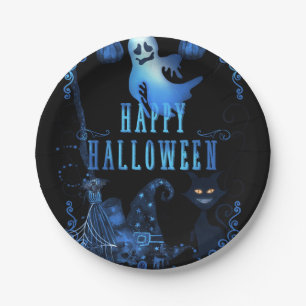 Magische Halloween-Party Schwarze Katze Blaulicht- Pappteller