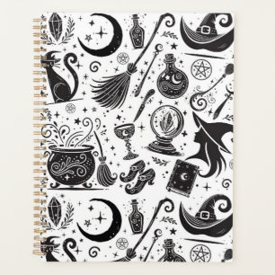 Magische Hexe Whimsical Wiccan Pagan Black & White Planer