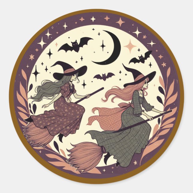 Magische Hexenflug - Halloween-Mondlichtszene Runder Aufkleber (Vorderseite)