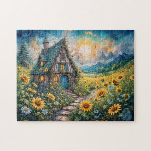 Magische Hütte mit Sonnenblumenfeld