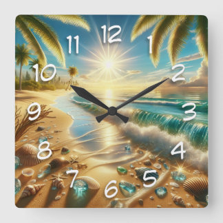 Magische Küste mit Blauen Waves und Meerglas Quadratische Wanduhr