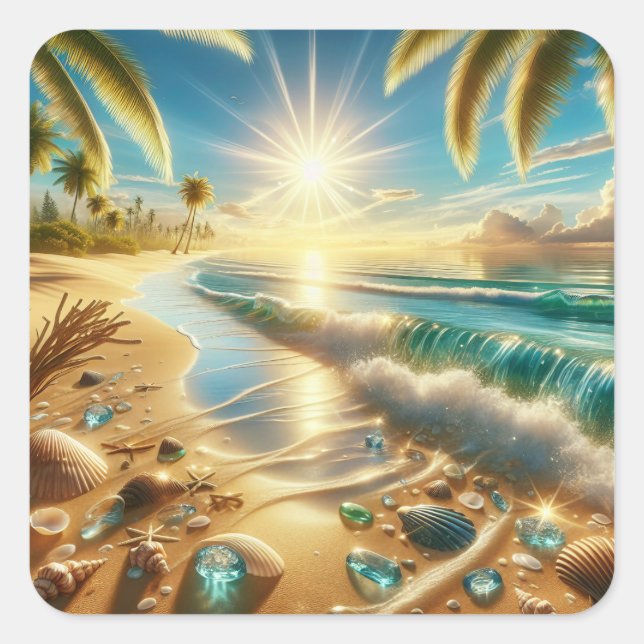 Magische Küste mit Blauen Waves und Meerglas Quadratischer Aufkleber (Vorderseite)