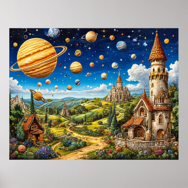 Magische Landschaft mit Schlössern und Weltraum Poster (Vorne)