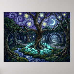 Magische leuchtende Pilze Sternennacht Wald Poster