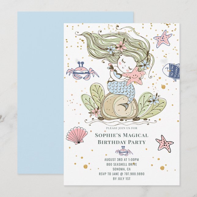 Magische Mermaid Geburtstagsparty Einladung (Vorne/Hinten)